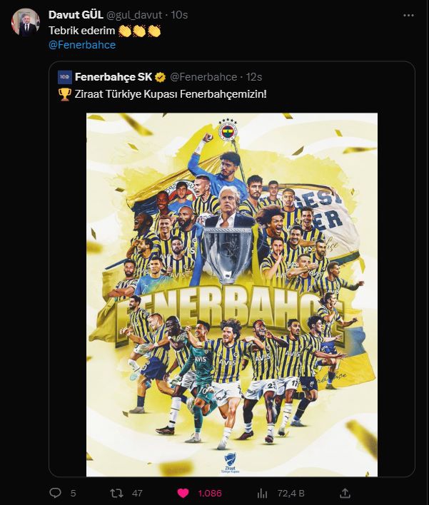 DAVUT GÜL FENERBAHÇE'Yİ TEBRİK ETTİ