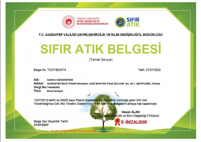 SANKO ÜNİVERSİTESİ SIFIR ATIK BELGESİ ALDI