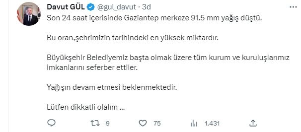 VALİ GÜL AÇIKLADI GAZİANTEP'İN GÖRDÜĞÜ EN ŞİDDETLİ YAĞIŞ!